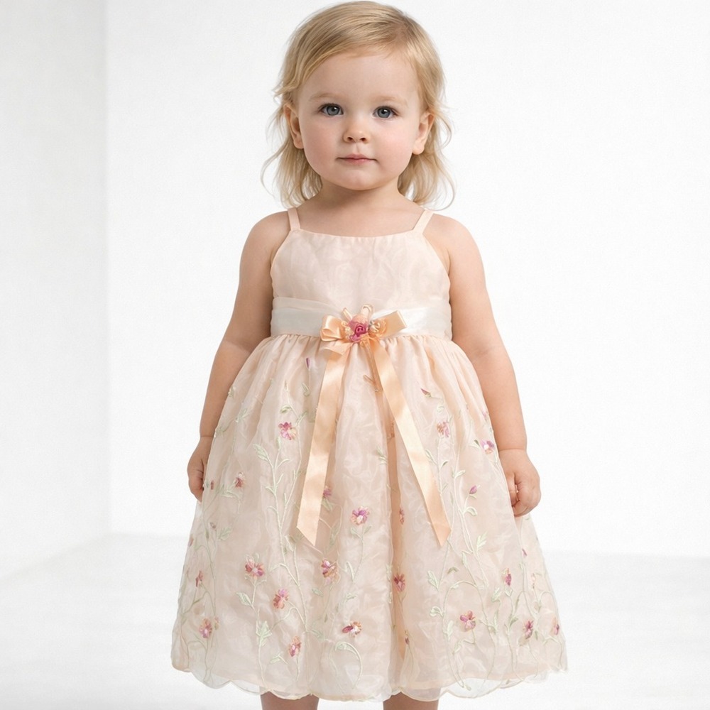 Bonnie Jean Girl Dress Size 2T Embroidered Organza Peach Pink Toddler Easter